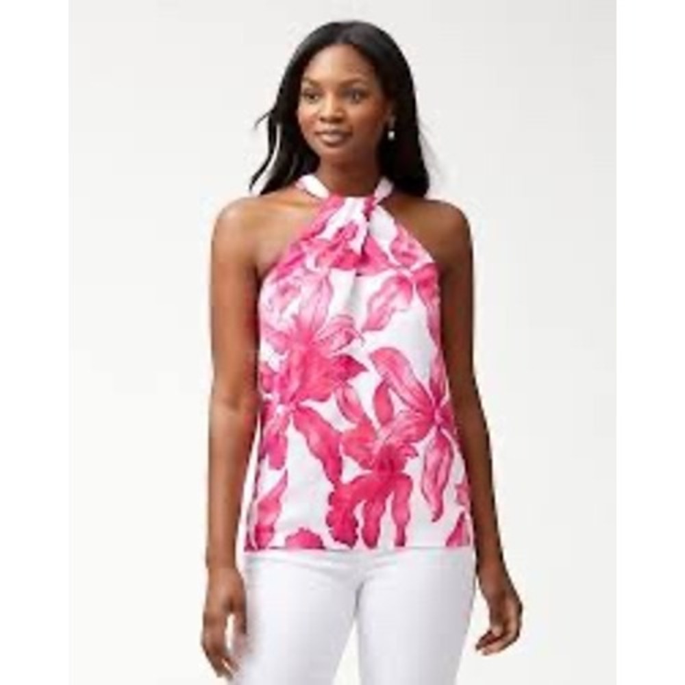 Resort Tommy Bahama Halter Neck Floral Tank Top Size L Pink Hibiscus Tropical